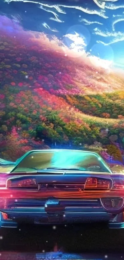 Retro car on a neon road with vibrant colors and scenic backdrop.