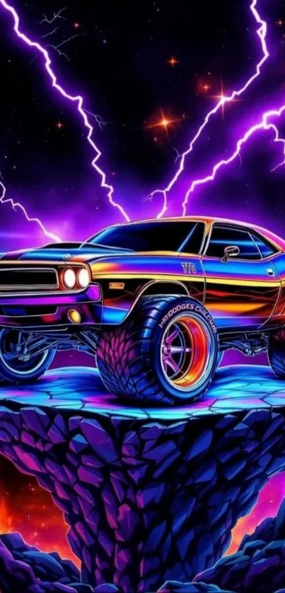 Retro car with purple lightning on rocky platform.