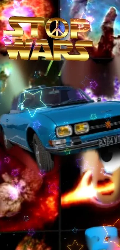 Retro blue car amidst colorful galaxy scene with nebulae and stars.