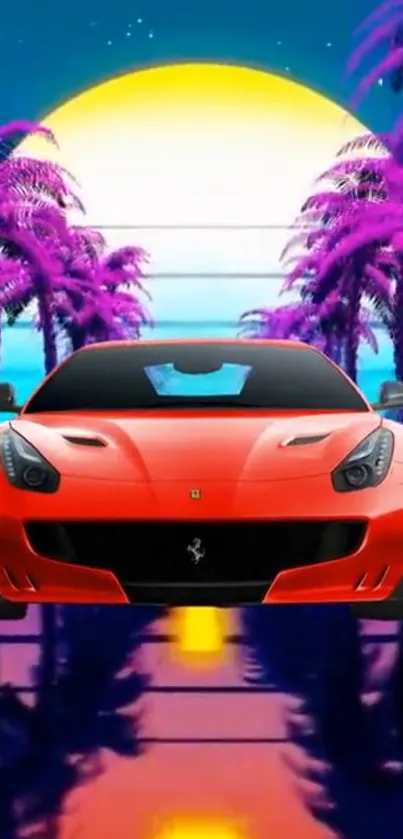 Red sports car with neon sunset and palm trees in retro vibe.