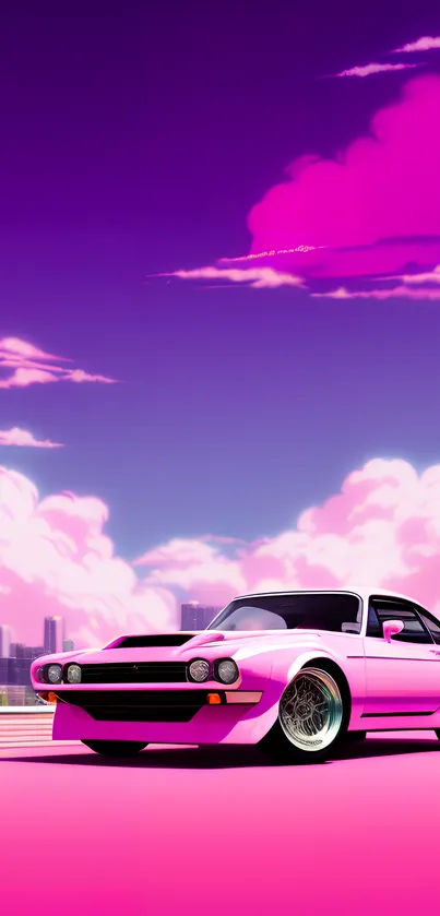 Pink retro car with city skyline and purple sky.