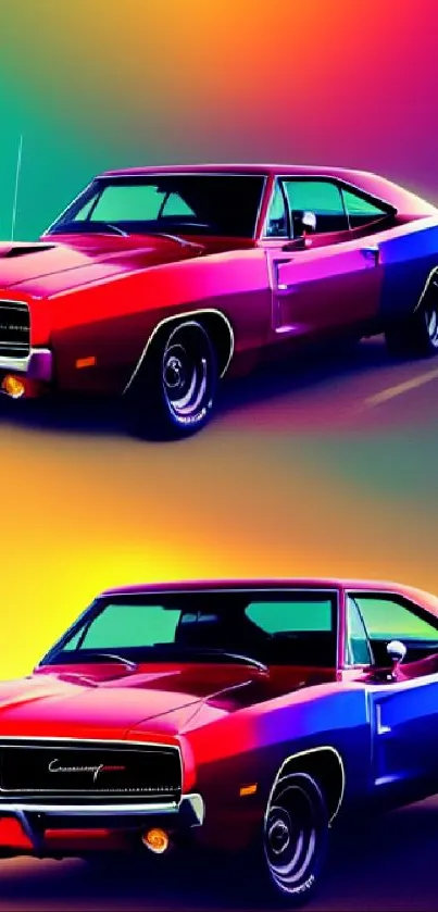 Vibrant retro car on a colorful gradient background.