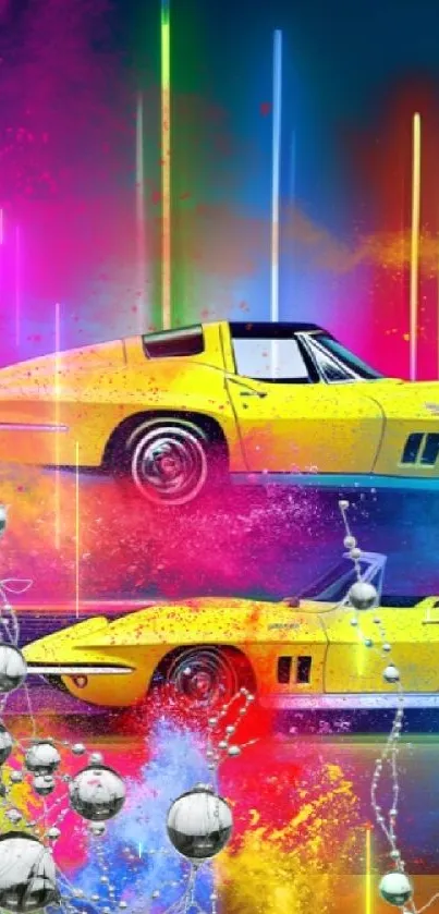 Vibrant neon wallpaper with retro yellow car.