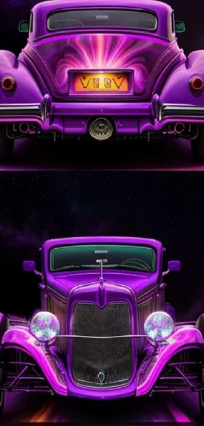 Purple retro car on neon-lit road wallpaper.