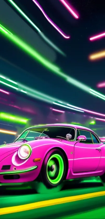 Retro neon car with vibrant pink hues and colorful light trails.