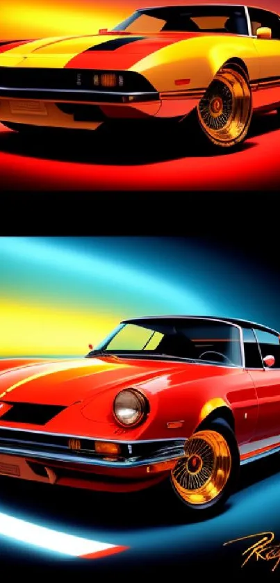 Two vibrant retro cars in bold, colorful backgrounds.