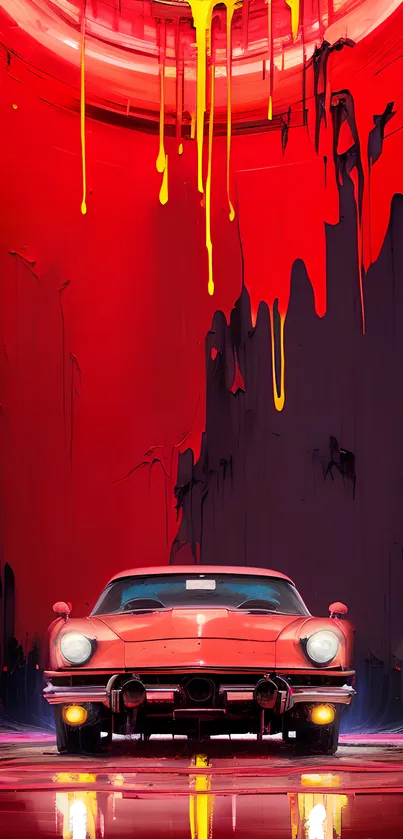 Retro car in vibrant red artistic setting, perfect for mobile wallpaper.