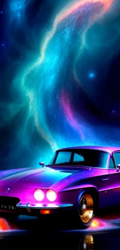 Vibrant retro car with cosmic backdrop in a colorful mobile wallpaper.