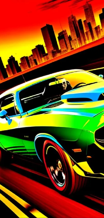 Vibrant retro car speeding through a neon cityscape at sunset.