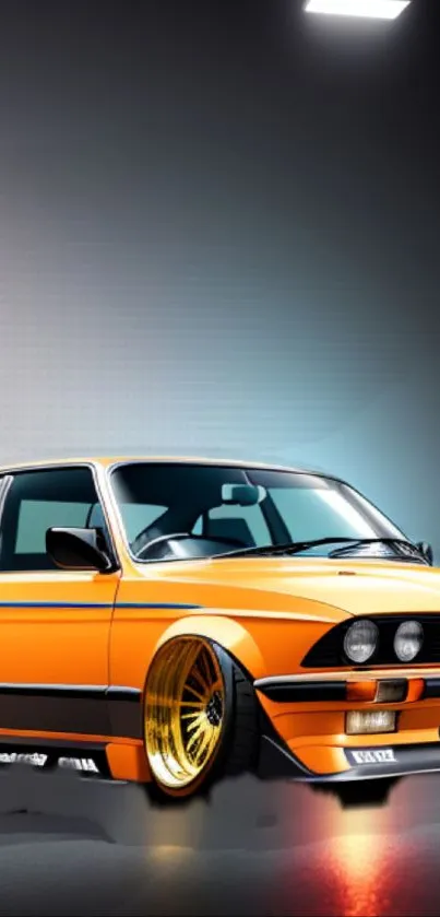 Vibrant retro car with orange body and gold rims on mobile wallpaper.