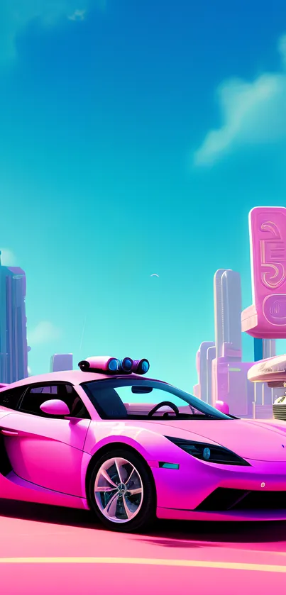 Pink retro sports car in a neon cityscape.