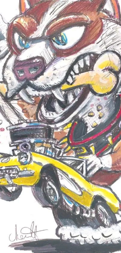 Fierce cartoon wolf driving a yellow hot rod with vibrant colors.