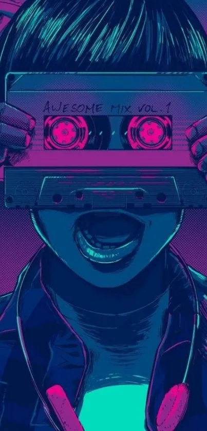 Vibrant retro cassette art with intense blue and pink hues.