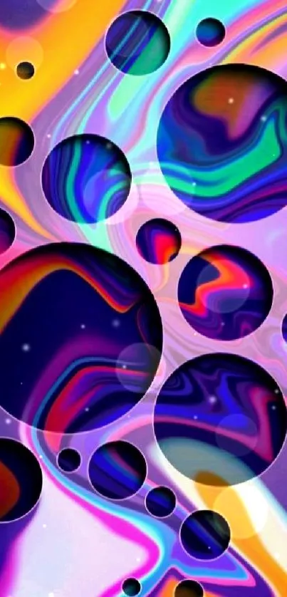 Psychedelic retro wallpaper with colorful circles and abstract patterns.