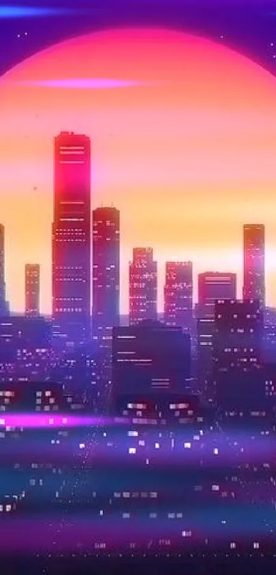 Retro cityscape with a vibrant sunset.