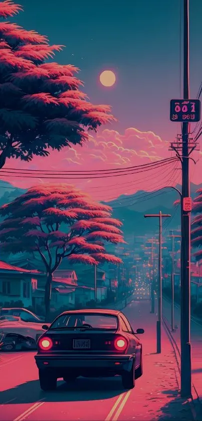 Vibrant retro cityscape with pink and teal hues under a full moon.