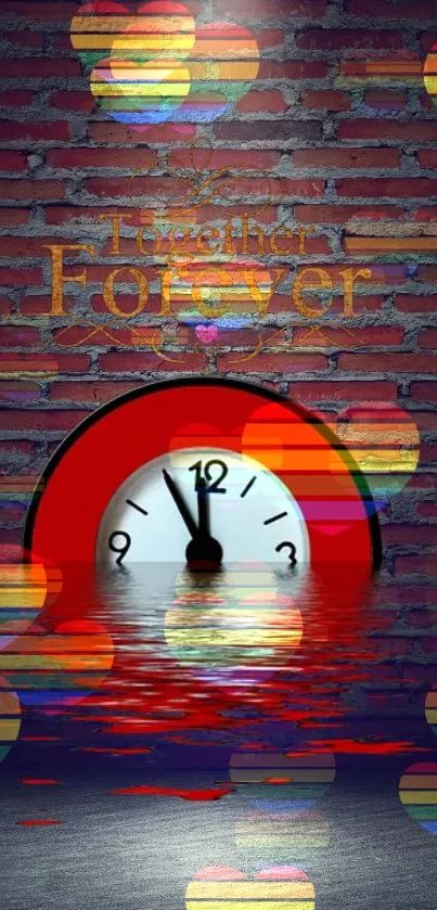 Vibrant red and white clock against a brick wall with colorful reflections.