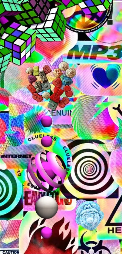 Vibrant retro collage featuring Rubik's cubes, digital icons, and psychedelic colors.