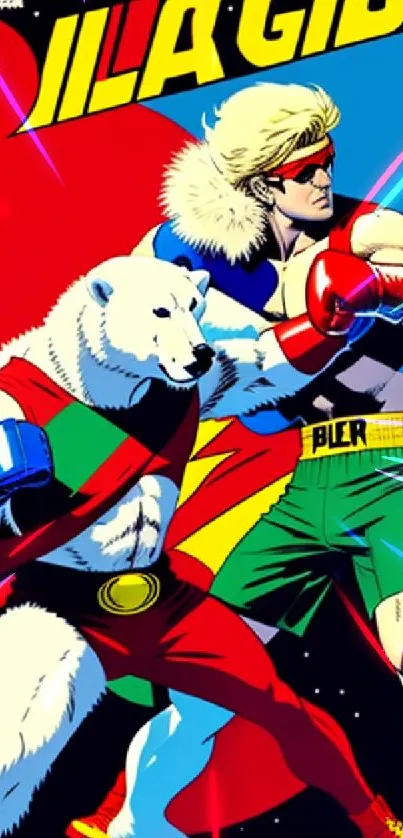 Vibrant comic art of a superhero and polar bear.