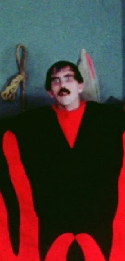 Person in a vibrant red and black retro costume.