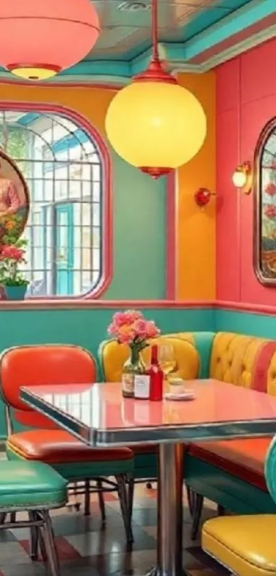 Colorful retro diner wallpaper with vibrant decor.
