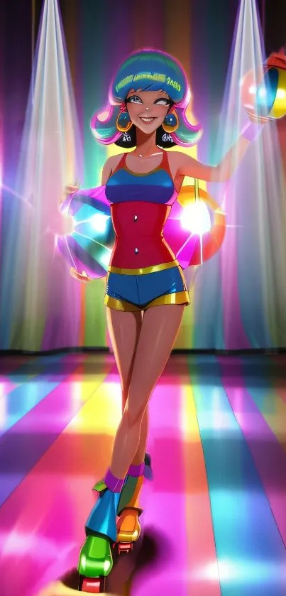 Vibrant retro disco scene with neon lights and a dancing figure.