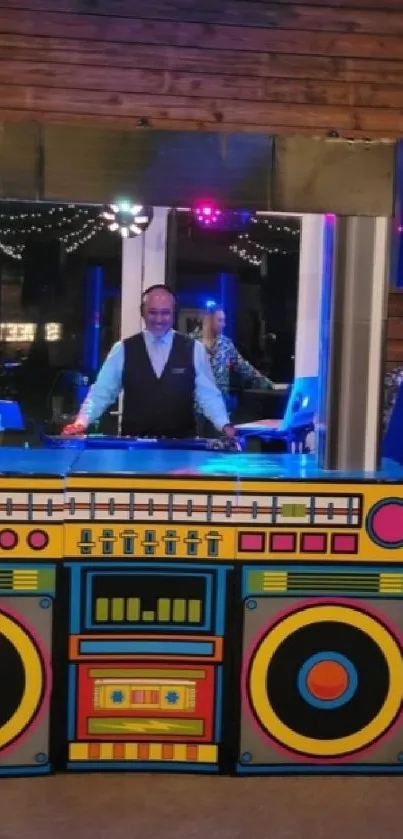 Colorful retro DJ setup with vibrant boombox.