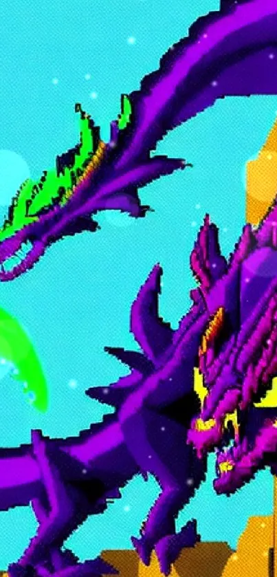 Vibrant retro dragon pixel art with bright colors on a mobile wallpaper.