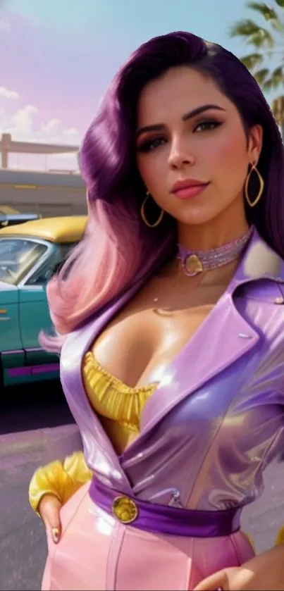 Retro woman in vibrant purple and yellow fashion, standing by a vintage car.