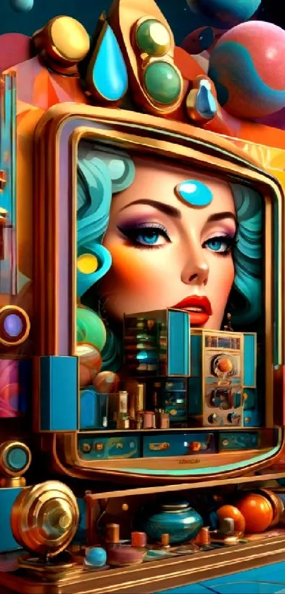 Colorful retro futuristic art with a striking female portrait in digital style.