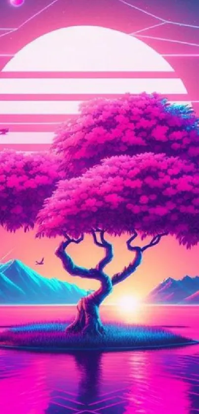 Vibrant retro futuristic wallpaper featuring a neon tree and sunset.