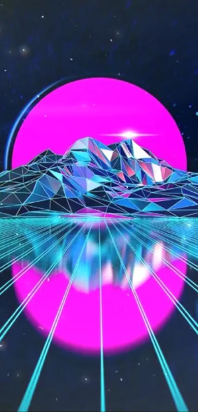 Retro futuristic wallpaper with neon mountains and a glowing pink sun.