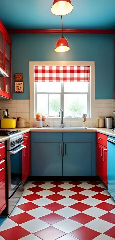 Vibrant retro kitchen with red accents and checkerboard floor.