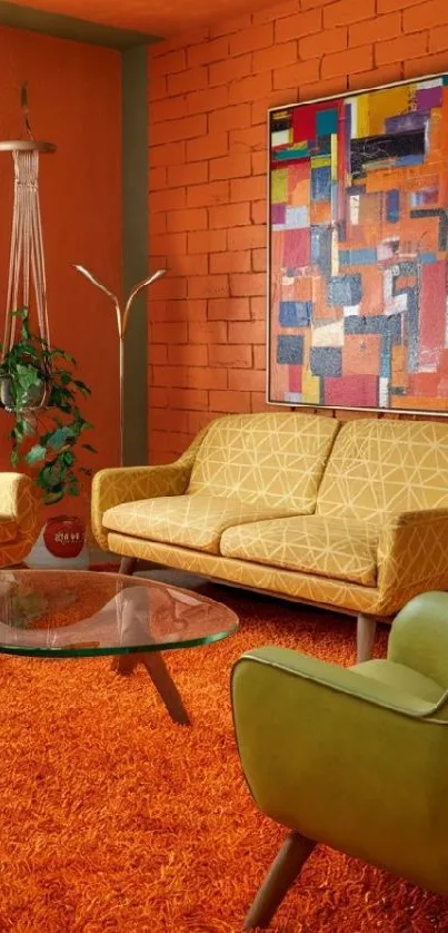 Vibrant retro living room wallpaper featuring colorful furniture and decor.