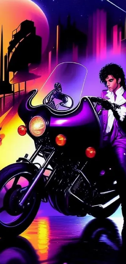 Retro motorcycle with neon city background and a purple hue.