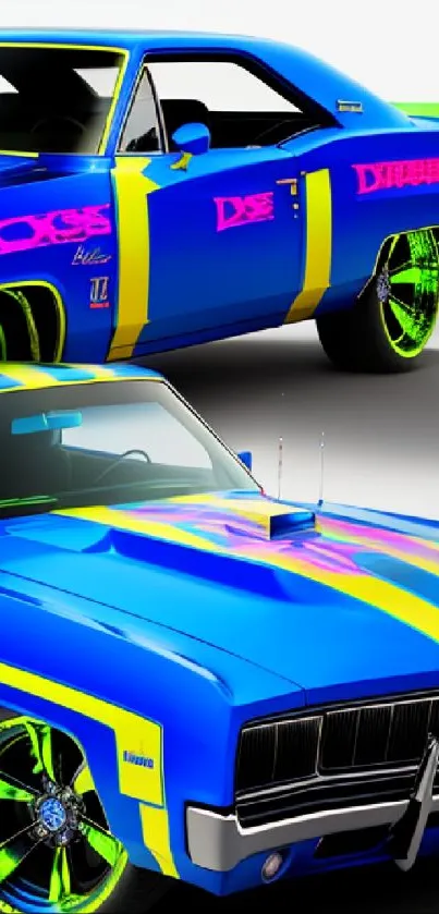 Blue retro muscle car with neon accents and dynamic design.