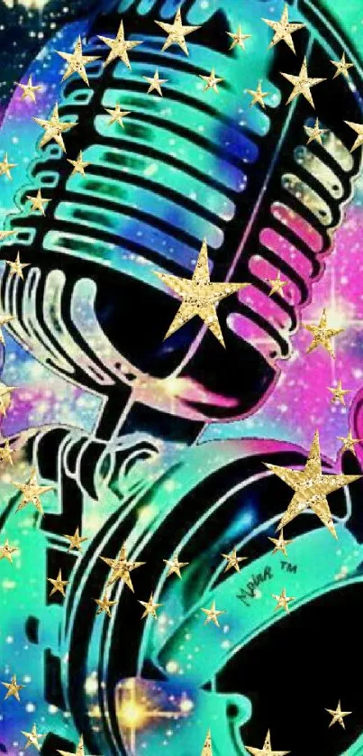 Retro microphone and headphones with galaxy and star background.