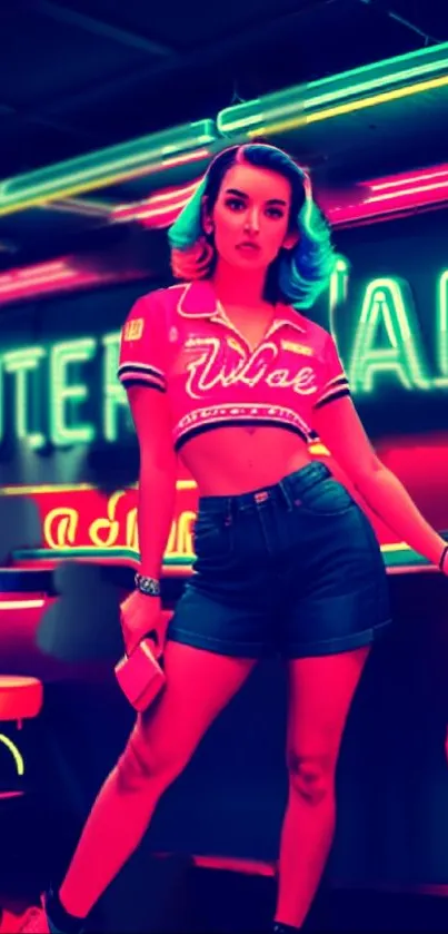 Stylish woman in neon-lit diner with vibrant retro colors.