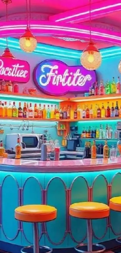 Vibrant neon bar with retro lights and colorful decor.