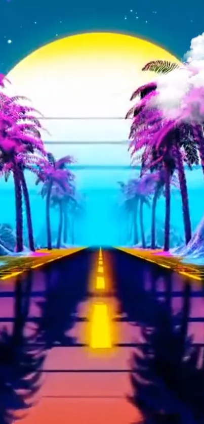 Vibrant neon road at sunset with pink palm trees and a yellow sun.