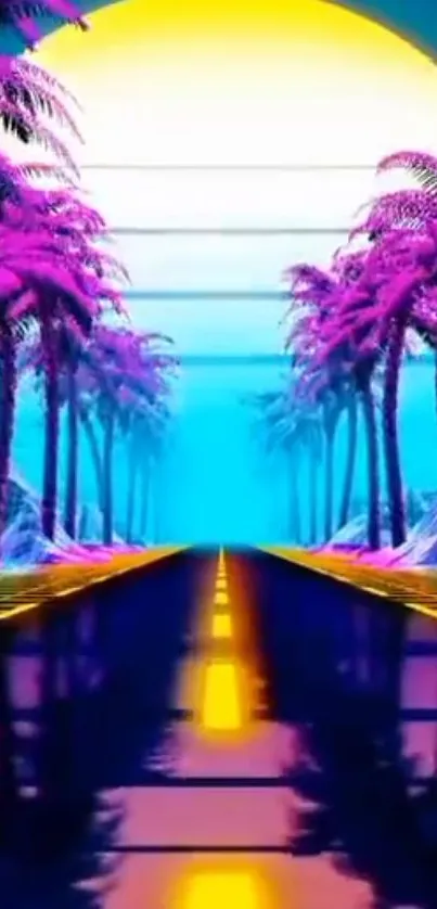 Neon retro road with palm trees and sunset in vibrant colors.