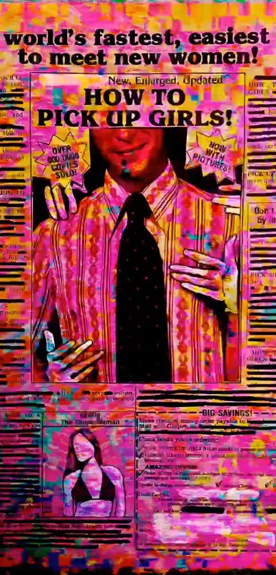 Colorful retro newspaper-themed wallpaper in vibrant pink and yellow.