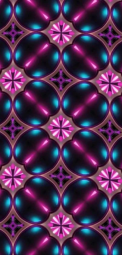 Vibrant retro geometric pattern wallpaper in purple and teal.