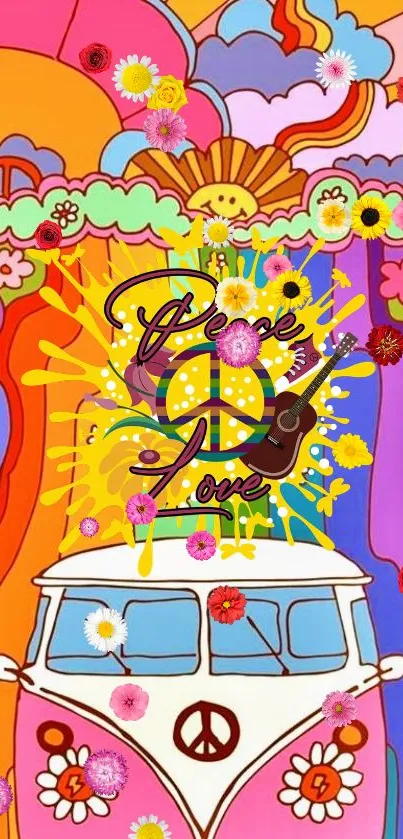 Colorful retro wallpaper with peace van and flowers.