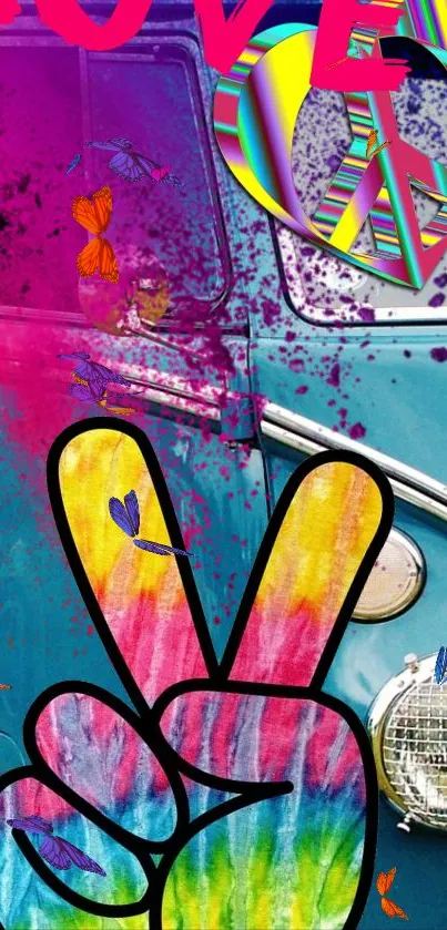 Vibrant retro-themed wallpaper with peace symbol and colorful car.