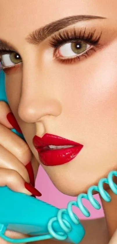 Close-up of woman with bold makeup holding a retro phone against a vibrant pink background.