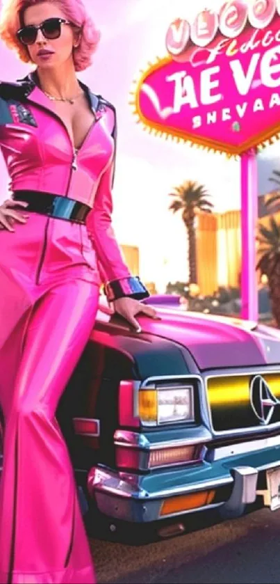 Pink retro aesthetic with car and neon sign.