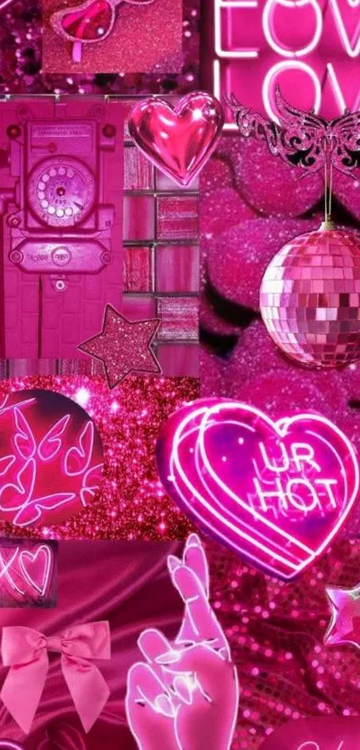 Retro pink collage wallpaper with neon and vintage elements.