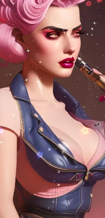 Stylish character with pink hair and a retro vibe on a mobile wallpaper.