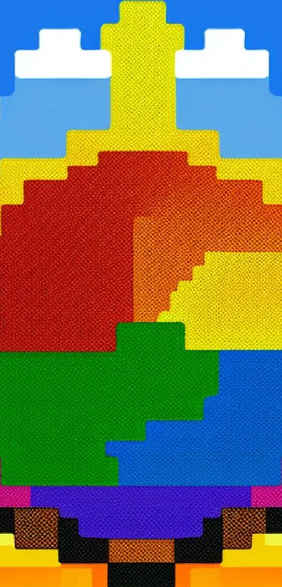 Colorful retro pixel art design with geometric shapes and vibrant colors.